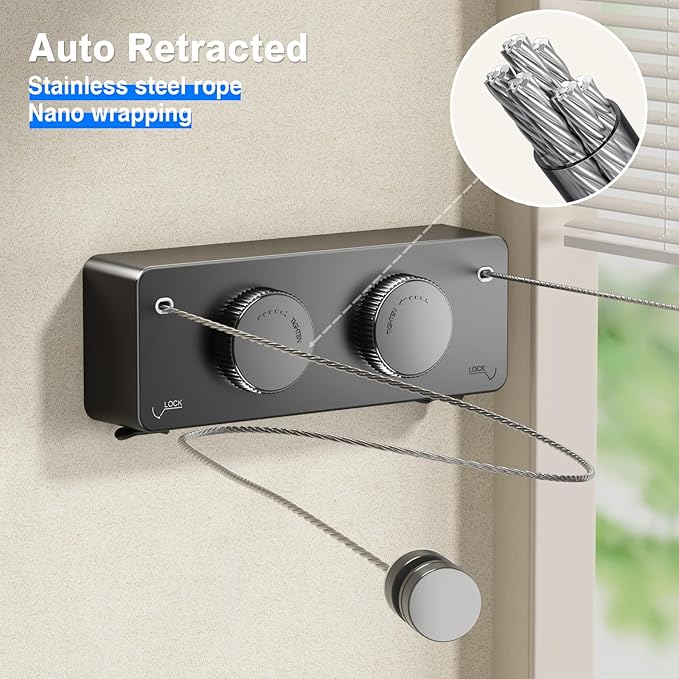 Retractable Twin Clothesline Indoor, Non-Sagging Outdoor Clothes Line Retracting Heavy Duty Clothes Drying Laundry Line Wall Mounted Stainless Steel Line-13.8Feets(Double Line-Black)