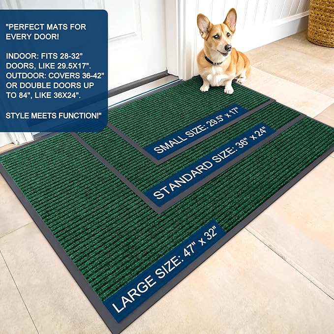OLANLY Front Door Mat Indoor Outdoor Entrance, Waterproof Heavy Duty Doormat, Fade Resistant, Low Profile, Easy Clean Patio Porch Welcome Floor Mats for Entry, 71x47, Green