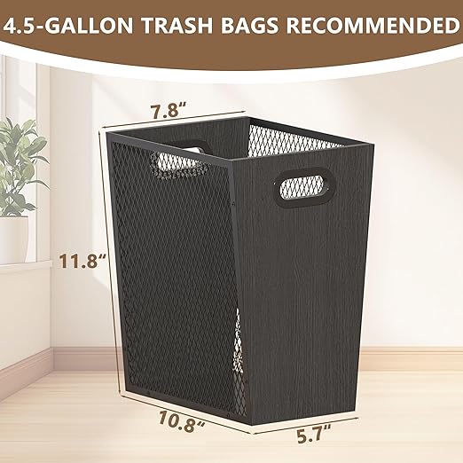 Piskyet Black Office Trash Can for Near Desk, 4.5 Gallon Unique Wood Bedroom Garbage Can,Vintage Wastebasket with Handle, Decorative Trash Can for Home Office,10.8" L x 7.8" W x 11.8" H