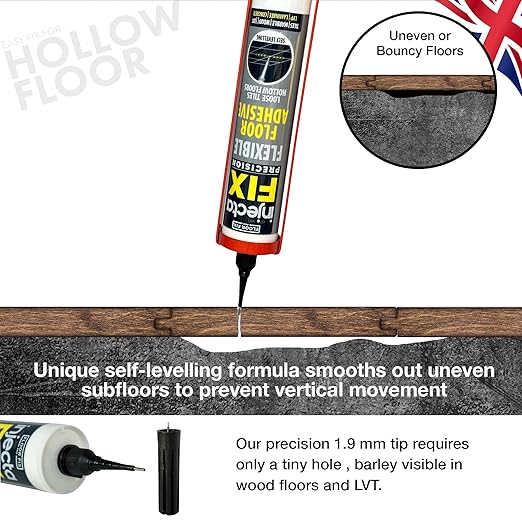 Precision 300ml from Floor-Fix Pro - Fix Loose Tiles - for Loose & Hollow Tiles, Wood, LVT & Laminate - Includes 1.9mm Syringe Tip - Adjustable to 6mm + Anti-Clog Performance (Pack of 4)
