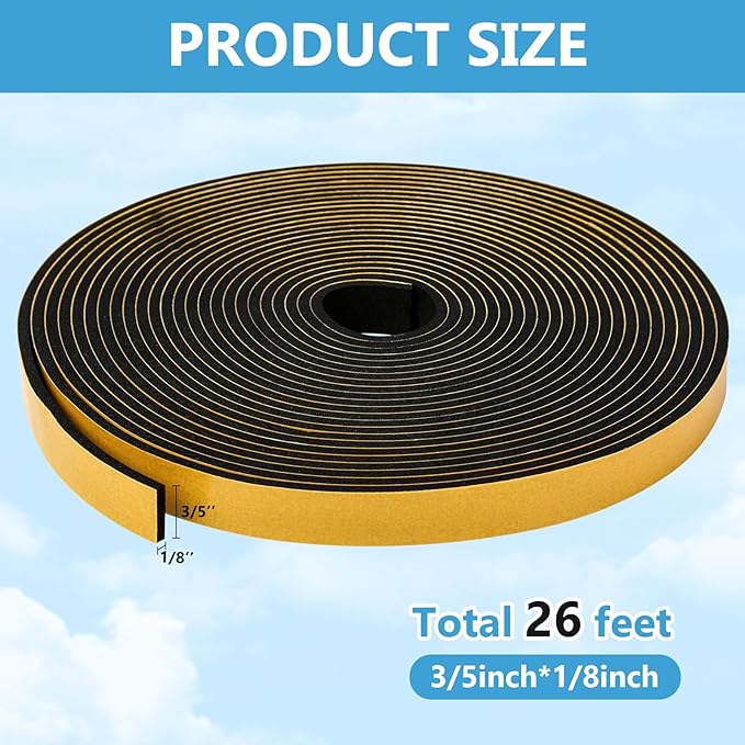 Black Weather Stripping Door Seal Strip (3/5 Inch X 1/8 Inch X 26Feet), Strong Adhesive, Lightproof, Soundproof, Weatherproof Foam Tape Insulation for Sliding Door, Front Door Frame, Windows