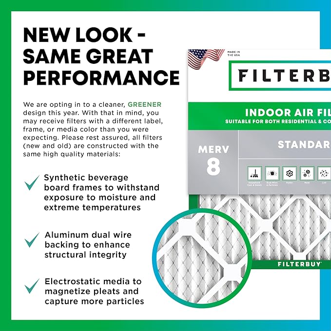 Filterbuy 18x24x2 Air Filter MERV 8 (MPR 700) Dust Defense Replacement (6-Pack), Electrostatic Pleated HVAC AC Furnace Filters, Made in USA (Actual Size: 17.38 x 23.38 x 1.75)