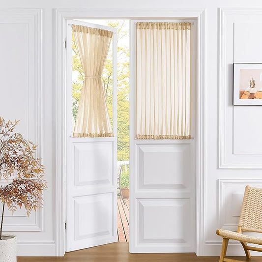 Tollpiz Short Sheer Door Curtains Closet Linen Textured Curtains Sheer Doorway Light Filtering Voile Patio Glass Door Rod Pocket Curtain French Door, 54 x 40 inches Long, Beige, Set of 1 Panel