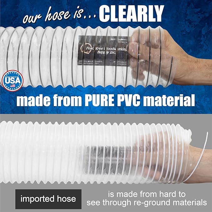 PVC Dust Collection Hose w/4 Thumbscrew Clamps, Puncture Resistant, Carbon Steel Wire, Clear Flexible PVC Dust Collector Hose, Proudly Made in USA (5" x 10')