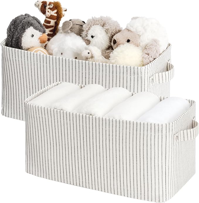 StorageWorks Narrow Storage Bins, Small Basket for Closet and Shelves, Rectangular Fabric Organizer with Handles, Toilet Paper Storage, Khaki and Beige Stripes, 2-Pack