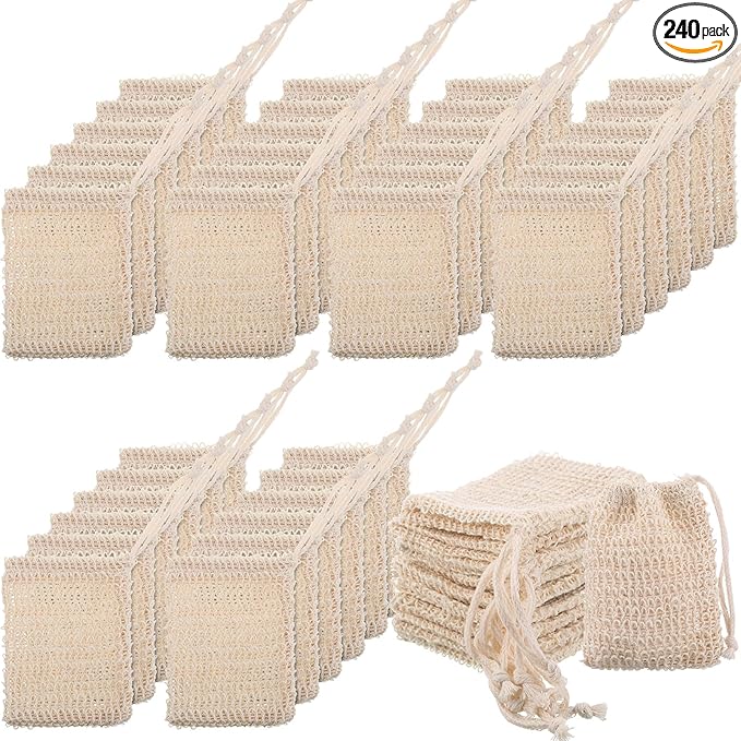 Rtteri 240 Pcs Soap Exfoliating Bag, Natural Sisal Soap Pouch Saver Body Shower Bar Mesh Body Net with Drawstring for Foaming and Drying