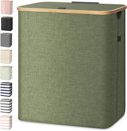 BALEINE Laundry Hamper with Lid, Tall Laundry Baskets with Bamboo Pull Handles, Large Laundry Bin with Internal Support (36 Gal/140L, Green)