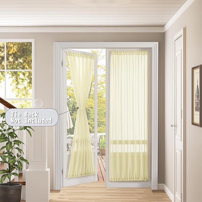 Tollpiz Sheer Door Curtain Closet Linen Textured Curtains Sheer Doorway Light Filtering Voile Patio Door Rod Pocket Curtain French Door, 54 x 72 inches Long, Transparent Yellow, Set of 1 Panel
