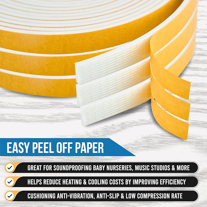 High Density Foam Weather Stripping Door Seal Strip Insulation Tape Roll for Insulating Door Frame, Window, Air Conditioner | Self Adhesive Sealing Weatherstrip (White, 1 in x 1/2 in x 18 Ft)