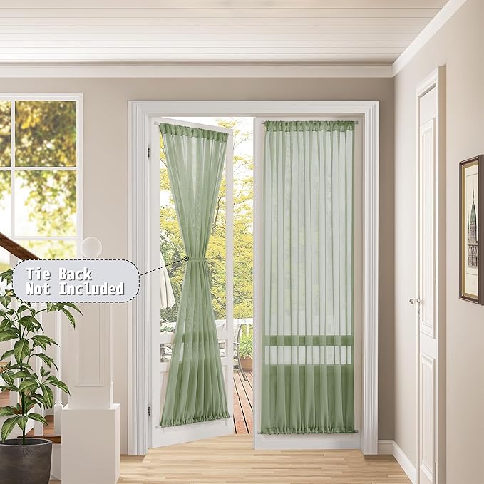 Tollpiz Sheer Door Curtains Closet Linen Textured Curtains Sheer Doorway Light Filtering Voile Rod French Door Pocket Curtain Patio Door, 25 x 72 inches Long, Sage Green, Set of 1 Panel