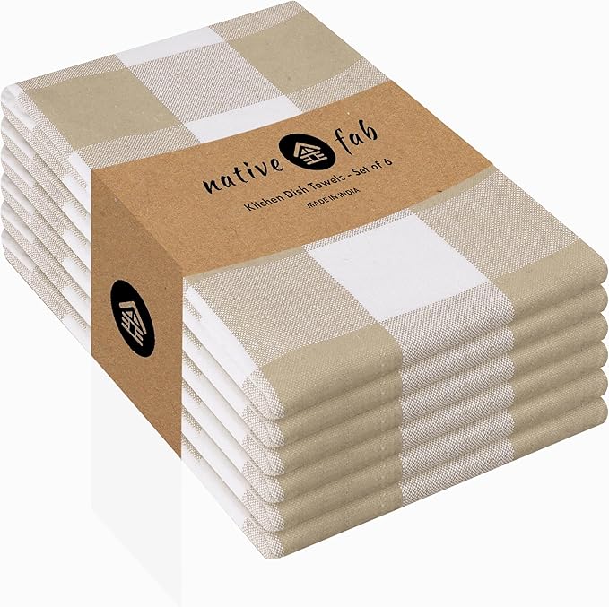 Native Fab 6 Pack Buffalo Check Kitchen Towels16 x26 - Cotton Dish Towels Washable - Absorbent Tea Towels, Soft Hand Towel with Hanging Loop, Dish Cloth Set - Beige White