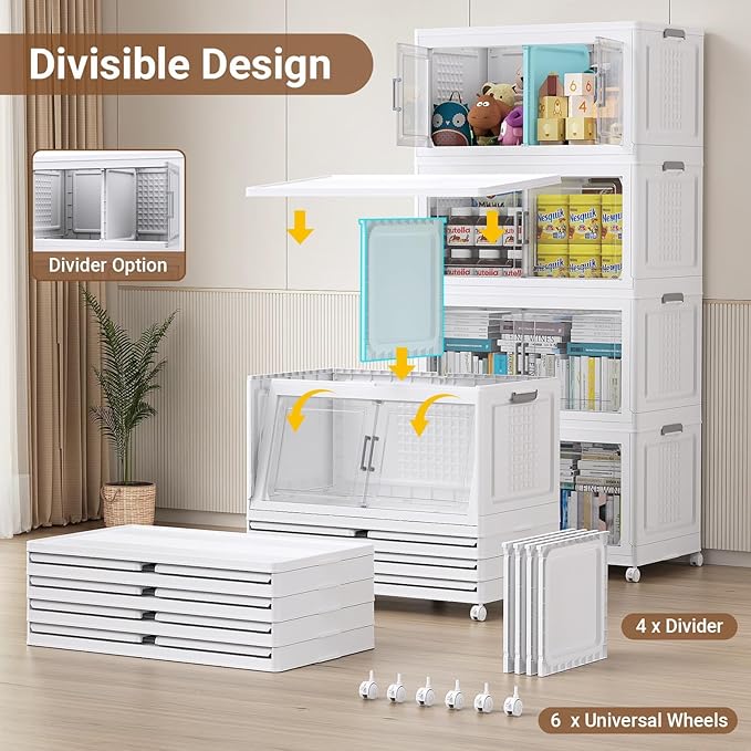 BROVIEW 69.3"H 200Gal Plastic Storage Bins with Lid & Wheels,4Pack Extra Large Stackable Storage Bins with Dividers,Closet Organizers and Storage Cabinet Collapsible Box Shelves for Home Kitchen,White