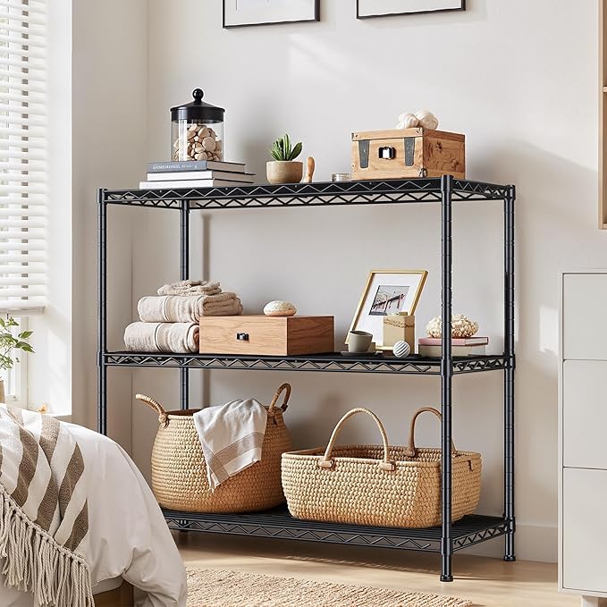 3- Shelf Metal Shelving Unit 35.6Wx14Dx36H Adjustable Storage Shelves Heavy Duty Garage Shelving Steel Wire Shelving for Laundry Bathroom Kitchen Pantry Closet Garage Black