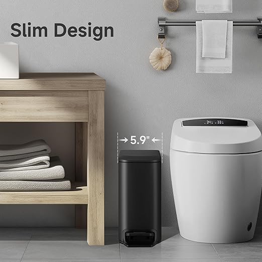 TIPGO Slim Bathroom Trash Can with Lid Soft Close, Step Pedal, 6 Liter / 1.6 Gallon Stainless Steel Trash Bin, Small Garbage Cans for Bedroom, Office, Kitchen (Matte Black)