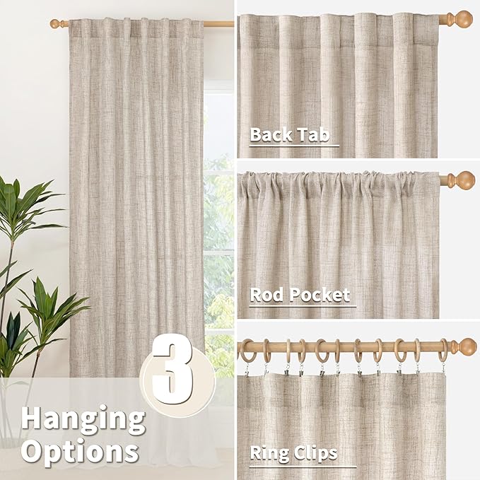 YoungsTex Short Linen Curtains 40 Inch Length for Cafe Kitchen Window Over Sink, Semi Sheer Drapes Light Filtering with Rod Pocket Back Tab for Bathroom, 42 X 40 Inch, 2 Panels