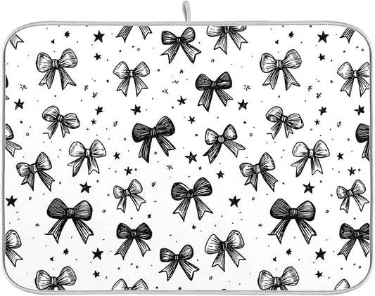 Black White Bowknot Dish Drying Mat for Kitchen Countertop 16x18 Rectangle Bow Small Drying Mat Reusable Quick Dry Dish Sink Absorbent Mats Dishwasher Easy Clean Decorative Home Decor Essentials