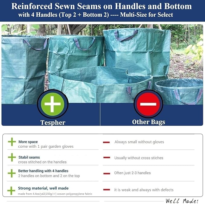 Standard 2-Pack 16 Gallon Yard Lawn Garden Bags (D18, H15 inch) with Gardening Gloves, Yard Waste Bags,Patio Debris Container,Camping Trash Bin,Recycling Bag,Laundry Bin,Lawn Weeds,Leaf Bags 4 handles