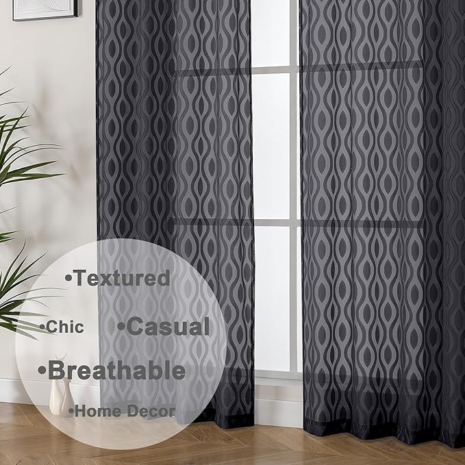 Aiyufeng Black Sheer Curtains 63 Inch Length 2 Panels Set, Solid Airy Light Filtering Voile for Bedroom Living Room, Modern Wavy Line Privacy Farmhouse Curtains, 40" W X 63" L