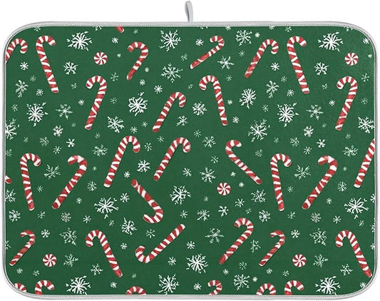 Christmas Candy Cane Dish Drying Mat for Kitchen Countertop 16x18 Winter Snowflake Green Xmas Small Drying Mat Reusable Quick Dry Dish Sink Mats Easy Clean Decorative Essentials