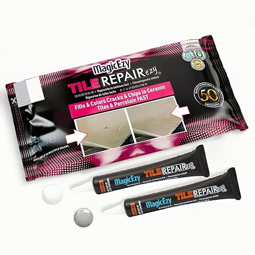 MagicEzy Tile RepairEzy (Light Gray/White Kit) - Porcelain Tile Repair Kit - Fix Cracked or Chipped Ceramic Tiles Fast - Thick Structural Repair Filler, Putty and Adhesive for Tiles