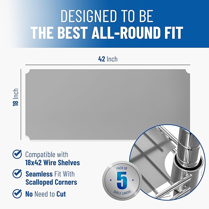 Shelf Liners for Wire Shelf System: Set of 5 in Graphite: 18 x 42 inch: Plastic Wire Shelving Shelf Mats