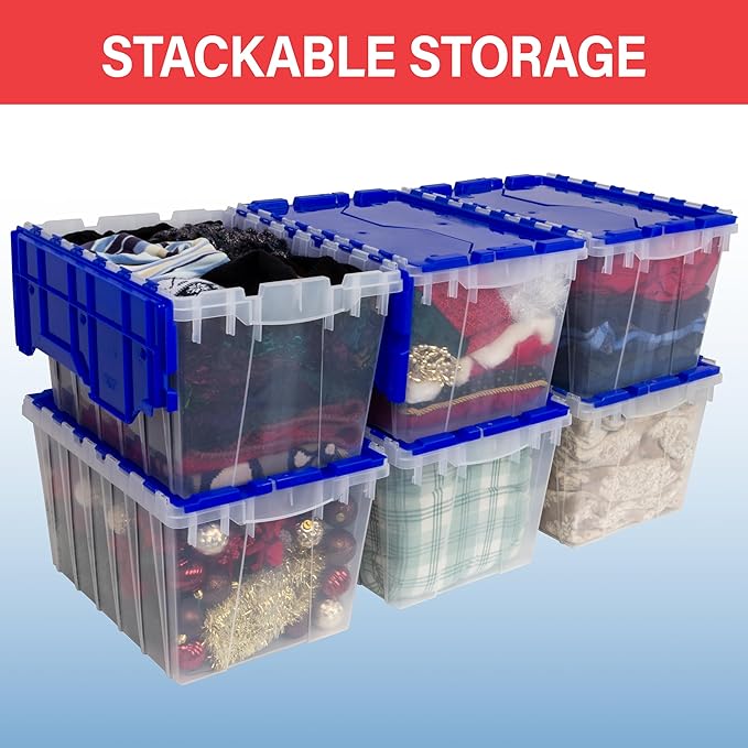 Akro-Mils KeepBox 18 Gallon Storage Container, Nesting and Stackable Plastic Storage Box with Lid Attached, Clear Tote for Garages, Closets, and Moving, 21" x 15" x 17", Clear/Green, 3-Pack