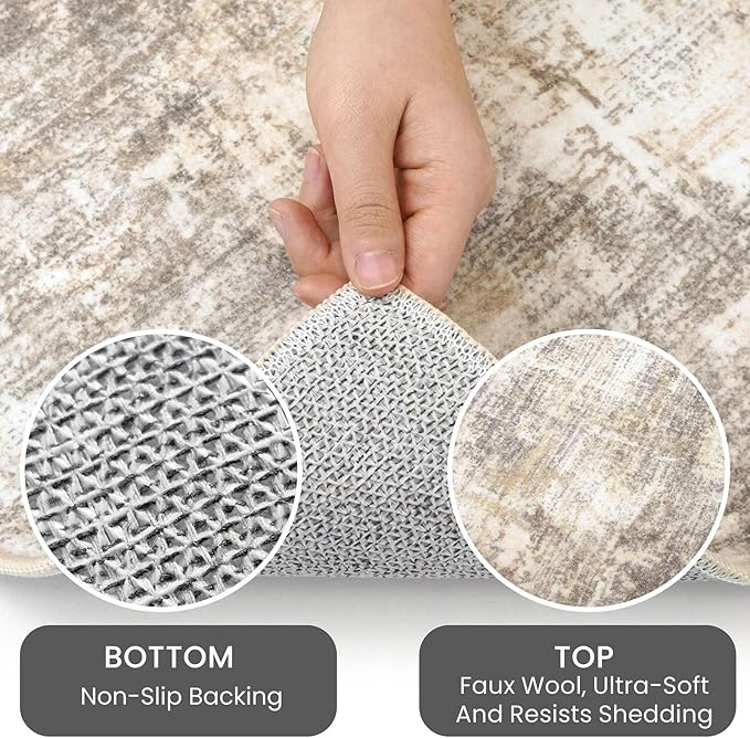 IOHOUZE Round Area Rug 3 Ft Circle Entryway Rugs Round Washable Door Mat Indoor Entrance, Non Slip Circle Front Door Rug, Printed Abstract Faux Wool Floor Carpet for Foyer Porch Sink, Beige Brown