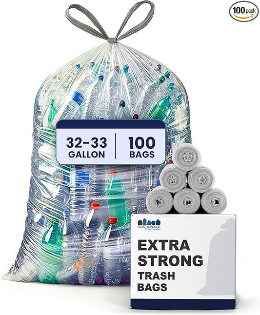 Plasticplace 32-33 Gallon Recycling Bags │ 0.9 Mil │ Clear Drawstring Garbage Can Liners │ 33" x 38" (100 Count)