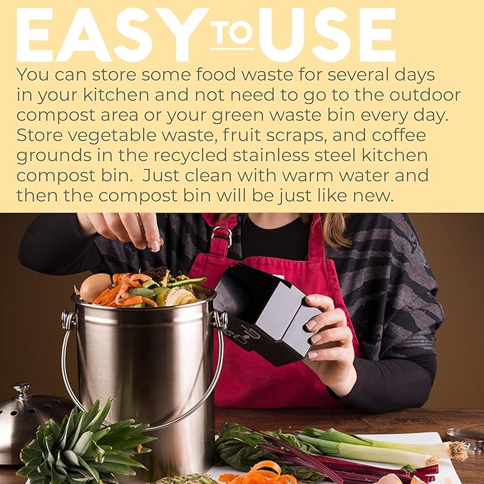 EPICA Countertop Compost Bin Kitchen | 1.3 Gallon | Odorless Composting Bin with Carbon Filters | Indoor Compost Bin with Lid | Stainless Steel Kitchen Composter for Food Scraps & Waste Recycling
