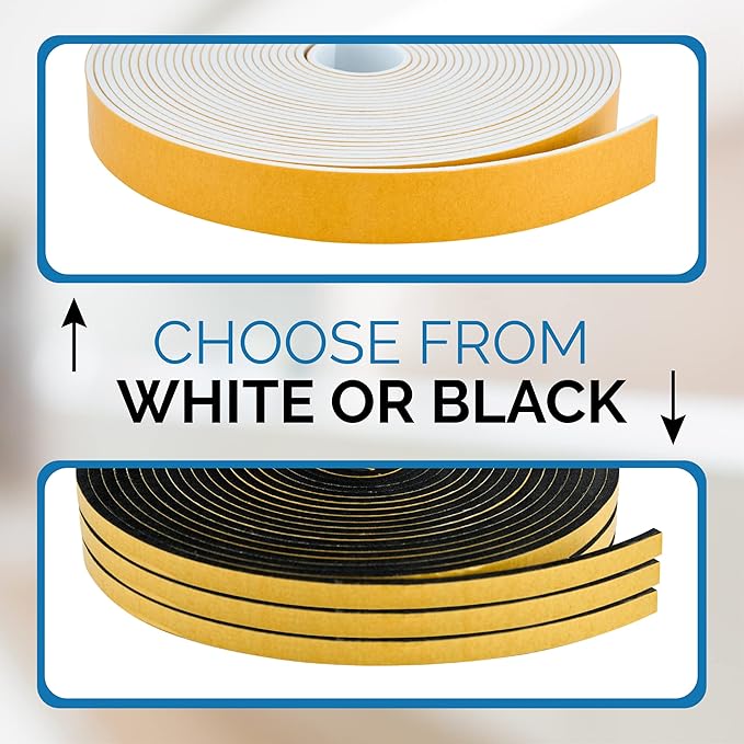 High Density Foam Weather Stripping Door Seal Strip Insulation Tape Roll for Insulating Door Frame, Window, Air Conditioner | Self Adhesive Sealing Weatherstrip (White, 1/2 in x 1/8 in x 50)
