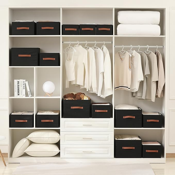 linen closet organizers and storage, 3 Pack Large Storage Baskets, Washable, Clothing Storage Bins with Handle, Closet Organizer for Storage Sweater,Sheets (Black, 18½"x13½"x8½")