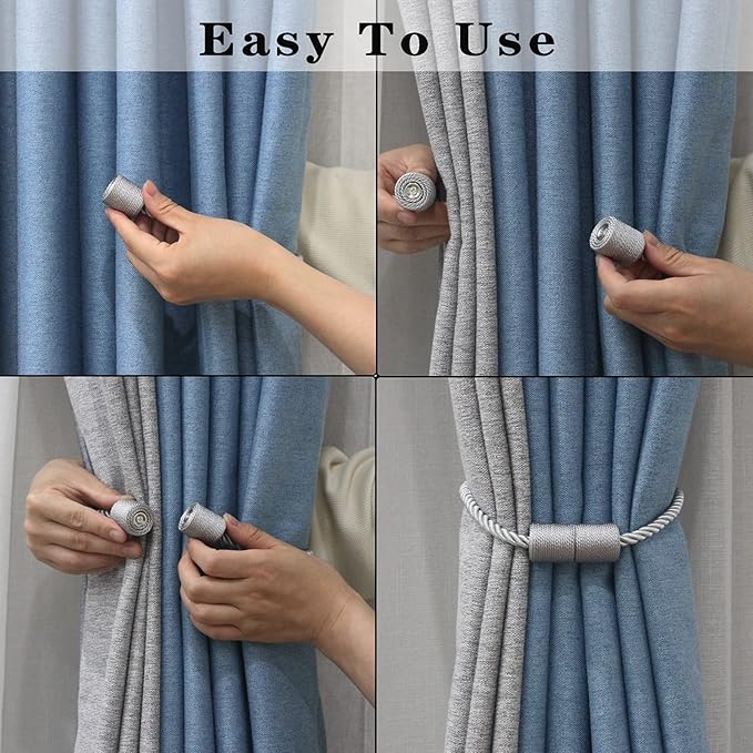6 Pack Grey Strong Magnetic Curtain Tiebacks Outdoor Elegant Decorative Tie Backs Modern Rope Tiebacks for Drapes Window Curtain Holdbacks for Draperies