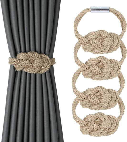 4 Pack Natural Jute Magnetic Curtain Tiebacks, Boho Rustic Style Decorative Curtain Ties Backs for Home & Office Drapery