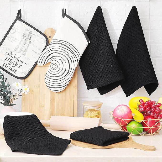 Homaxy 100% Cotton Waffle Weave Kitchen Dish Cloths, Ultra Soft Absorbent Quick Drying Dish Towels, 12 x 12 Inches, 12-Pack, Black