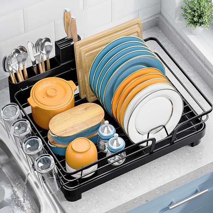 Dish Drying Rack for Kitchen Counter, Multifunctional Dish Drainer Rack, Kitchen Dish Rack, Sink Dishes Strainer, Plate Rack with Drain Board, Cup Holder, and Cutlery Holder,Medium Size Black