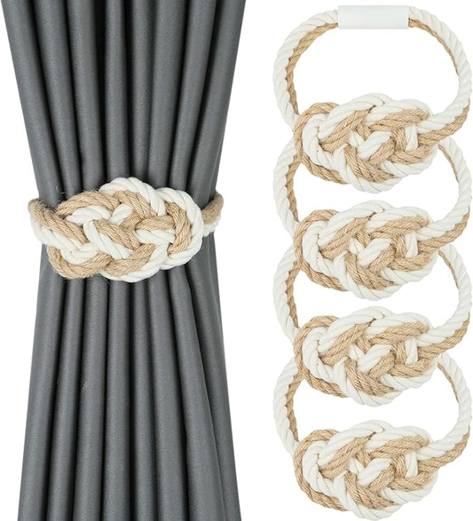 4 Pack Natural Jute Magnetic Curtain Tiebacks, Boho Rustic Style Decorative Curtain Ties Backs for Home & Office Drapery