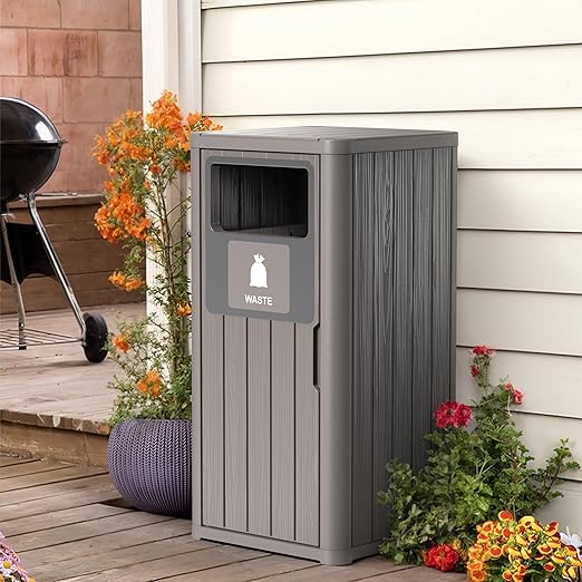 ROJIK 35" Tall Outdoor Trash Can,Weatherproof Resin Garbage Indoor Durable Lightweight,Suitable for Patio Office Kitchen,Easy to Clean,Assemble (Waste,Grey)