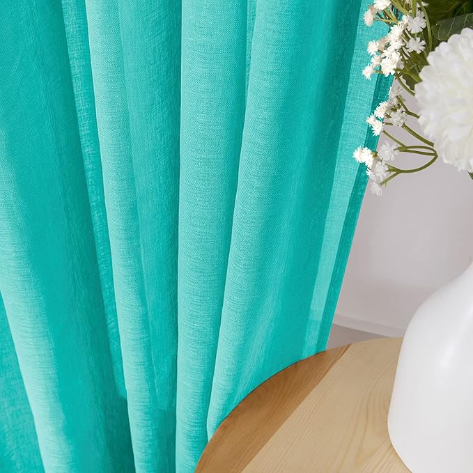 Tollpiz Sheer Curtains Linen Textured Bedroom Curtain Sheers Light Filtering Rod Pocket Voile Curtains for Living Room, 54 x 63 inches Long, Aqua Blue, Set of 2 Panels