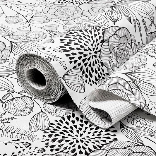 Floral Drawer and Shelf Liner for Kitchen 12IN x 20FT, Non-Adhesive and Strong Non-Slip Cabinet Drawer Liners, Waterproof Thickened Shelf Liner,Easy to Clean,Black and White