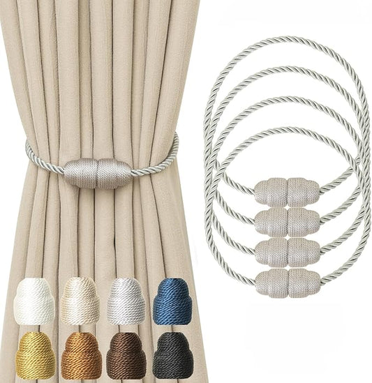 Magnetic Curtain Tiebacks Rope Curtain Tie Backs for Curtains 4 Pack Curtain Holders for Drapes Decorative Window Curtain Holdbacks, Grey