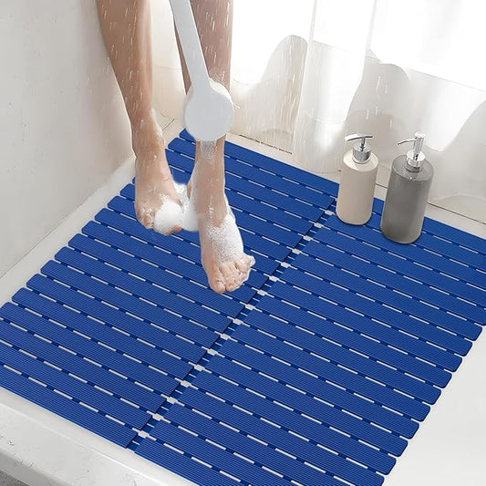 Shower Mat Non-Slip Bath Mat for Tub Floor & Stall with 200+ Suction Cups & Drain Holes, Quick Dry Machine Washable Bathtub Mat, Safe for Elderly& Baby, Bathroom Essentials 24x24 Inch (Blue)