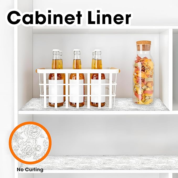 Drawer and Shelf Liner for Kitchen Cabinets Non-Adhesive, Non-Slip Cabinet Liner Shelf Paper Strong Grip Waterproof Easy to Clean for Kitchen Shelves Cupboard, Flower,12IN X 10FT
