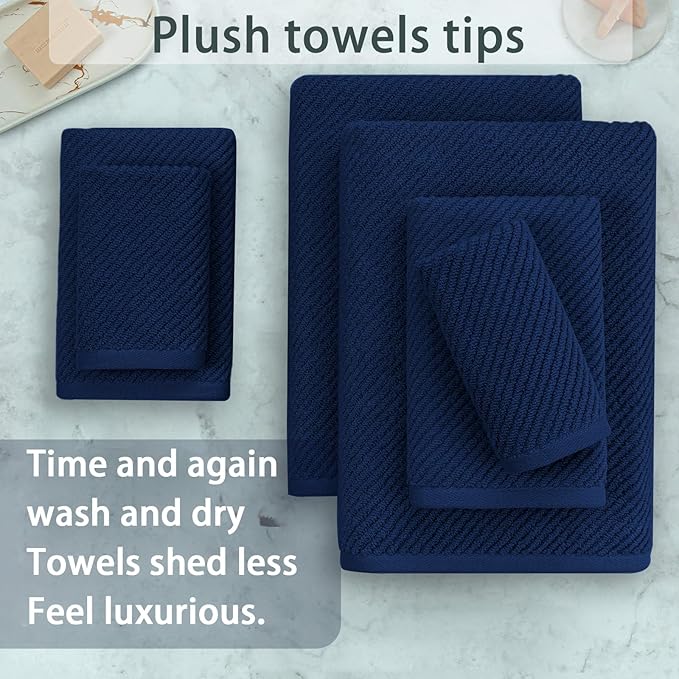 VOOVA & MOVAS Bath Towels - 100% Cotton | Quick Dry | Light Weight | Thick | Soft, Towel Set of 6, 2 Large Bath 30"x56", 2 Hand 18"x28", 2 Washcloths 13"x13", Quick Dry Towel for Shower, Navy Blue