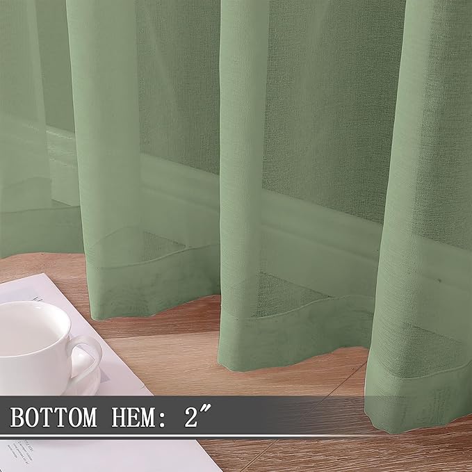 Tollpiz Sheer Curtains Bedroom Linen Textured Curtain Sheers Light Filtering Voile Rod Pocket Curtains for Living Room, 38 x 84 inches Long, Sage Green, Set of 2 Panels