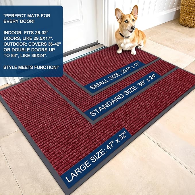OLANLY Front Door Mat Indoor Outdoor Entrance, Waterproof Heavy Duty Doormat, Fade Resistant, Low Profile, Easy Clean Patio Porch Welcome Floor Mats for Entry, 59x35, Wine Red