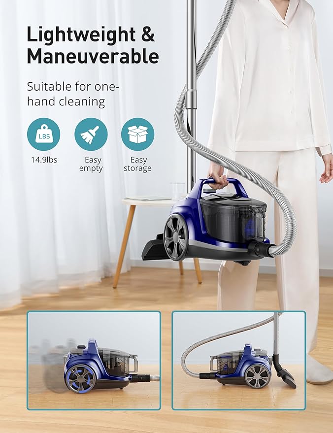 Aspiron Canister Vacuum, Upgraded 1600W Bagless Canister Vacuum Cleaner, Auto Cord Rewind, H13 HEPA Filter, 3.7Qt Large Capacity, 5 Tools for Hard Floors, Carpet, Pet, Upholstery, Tiles, Car, Navy