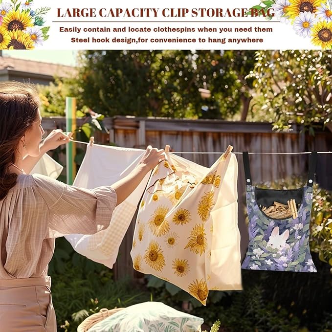 Clothespin Bag for Clothes Pin Holder for Outside and Clothes Line Pins, Clothes Pin Hanging Bag Fits Outdoor Laundry Clothesline - Rabbit and Floral