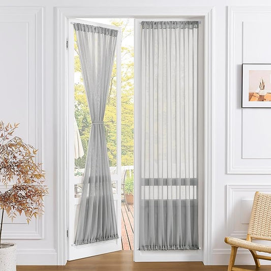 Tollpiz Sheer Door Curtains Closet Linen Textured Curtains Sheer Doorway Light Filtering Voile Rod French Door Pocket Curtain Patio Glass Door, 25 x 72 inches Long, Silver Grey, Set of 1 Panel
