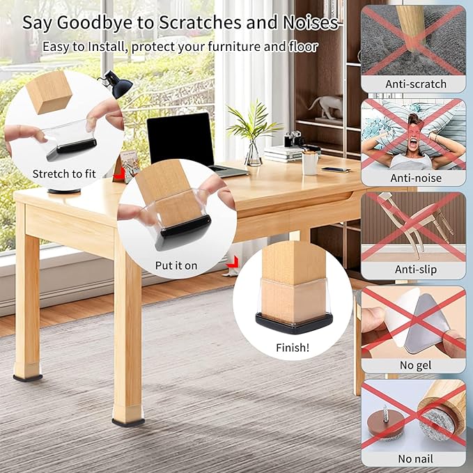Ezprotekt 8 Pcs Large Clear Chair Leg Sliders for Carpet, Square Teflon Furniture Glides Pads Caps for Rug, Bar Stool Leg Protectors Covers for Table, Chair, Sofa Legs (XL Fit: 1.5" - 2")