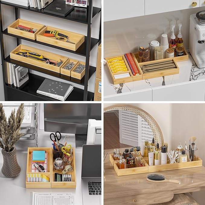 Bamboo Drawer Organizer, Narrow Stackable Cutlery Tray for Kitchen, 2 Pcs Silverware & Utensil Box, 12" x 3" x 2" (Outer), 11.3" x 2.3" x 1.77" (Inner)